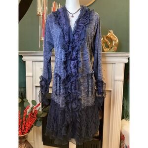 Pretty Angel Blue Textured Knit Lace Ruffle Cardigan Duster Womens L